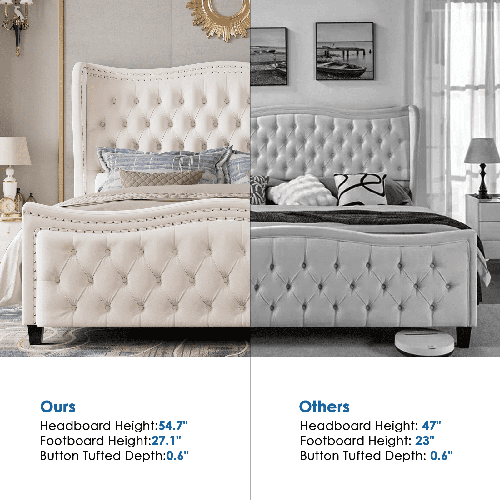 Homfa Queen Size Bed Frame, Modern Velvet Tufted Wingback Bed, Platform Bed with 55"H Upholstered Headboard, Off-White