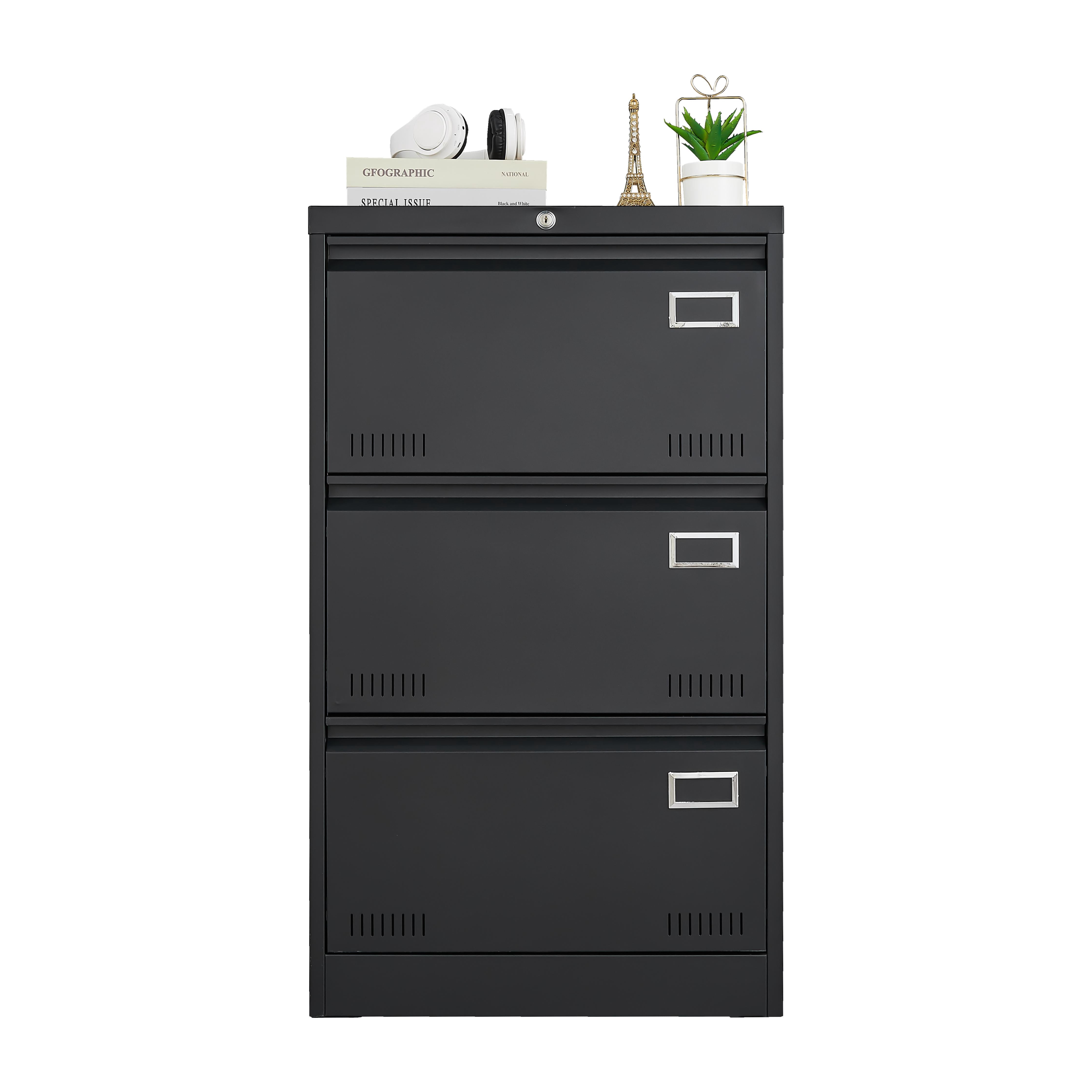 Syngar Metal Lateral File Cabinets with Lock, 3 Widened Drawer Large Filing Cabinet, Lockable Storage Cabinet for Legal/Letter/A4/F4 Size Home Office, Black