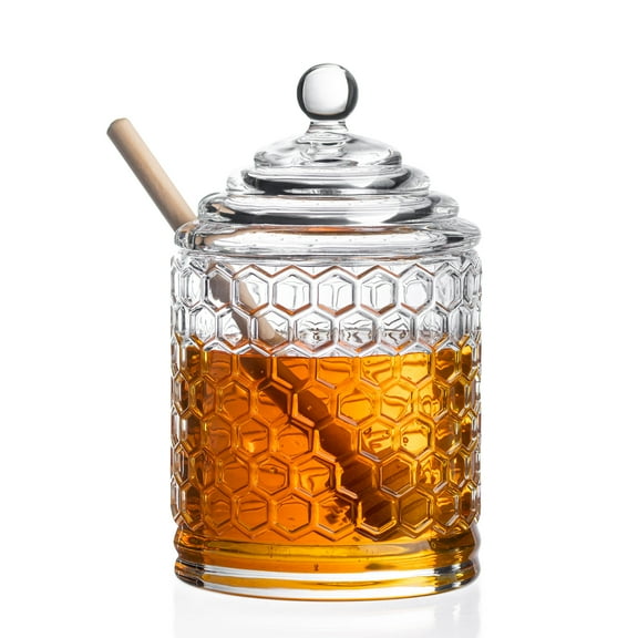 Royalty Art Glass Honey Pot with Beehive Lid and Wooden Dipper, 3 Pc. Set, Decorative Kitchen Accessory