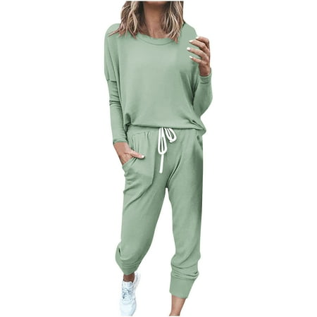 Women s Casual 2 Piece Sets Clothes Long Sleeve Crewneck Tops with High Waist Jogger Pants Trendy Tracksuits Green L