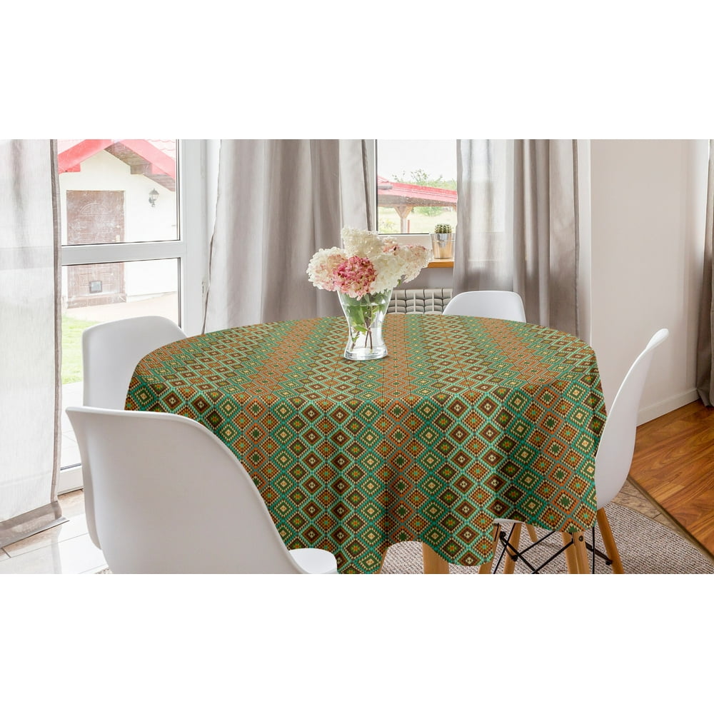 Ethnic Round Tablecloth, Mosaic Style Pattern with Accents Symmetric