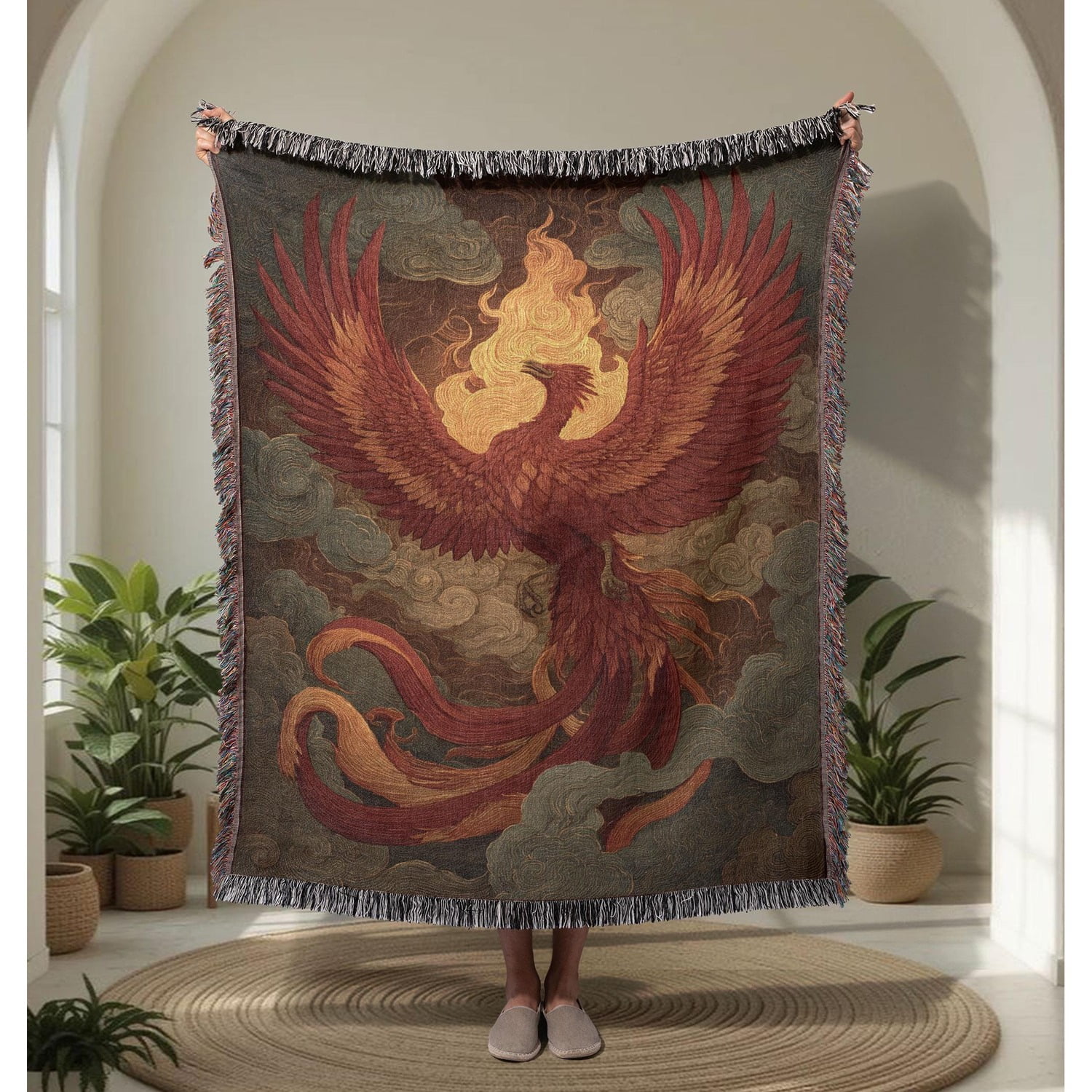 Fantasy Mythical Phoenix Cotton Woven Throw Blanket with Fringe 60 x 50 in Home Decor