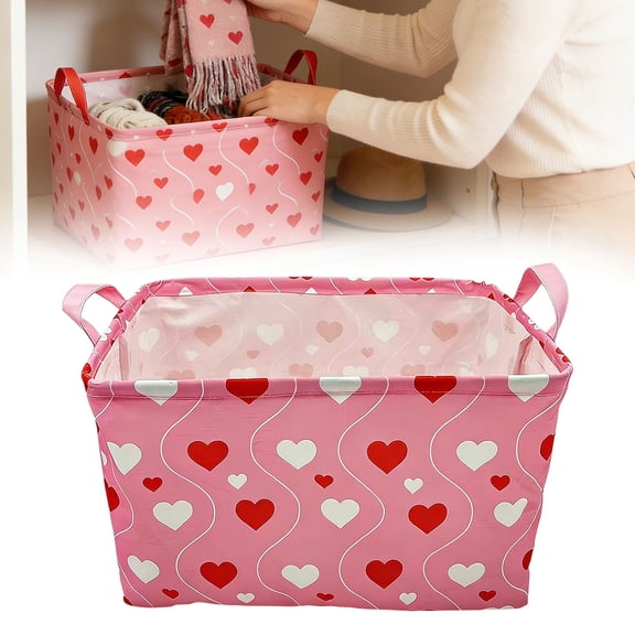 Red Pink Heart Fabric Storage Basket, Foldable Baskets for Organizing, Shelf Baskets, Closet Organizers and Storage, 15'' x 10'' x 10'', A