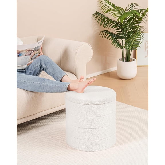 Round Storage Ottoman with Tray, White Boucle Foot  Stool for Living Room Bedroom