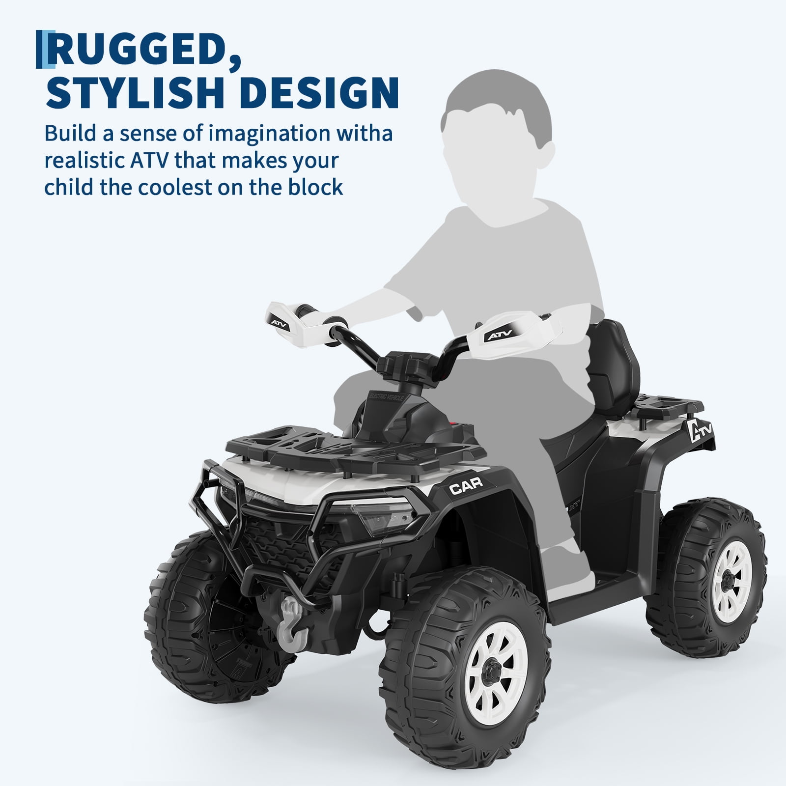 Garvee 12V Kids Ride On ATV,3 Variable Speeds,with Parent Remote Control,LED Headlights,Music,White