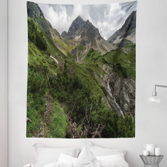 Landscape Tapestry, Alps Hiking Walking Time with Nature Bare Life River Between Rocks Picture, Fabric Wall Hanging Decor for Bedroom Living Room Dorm, 5 Sizes, Multicolor, by Ambesonne