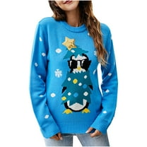 Honeeladyy Sales Penguin Snowman Sweater for Womens Christmas Knitted Sweater Cute Cartoon Print Pullover Long Sleeve Crewneck Tops