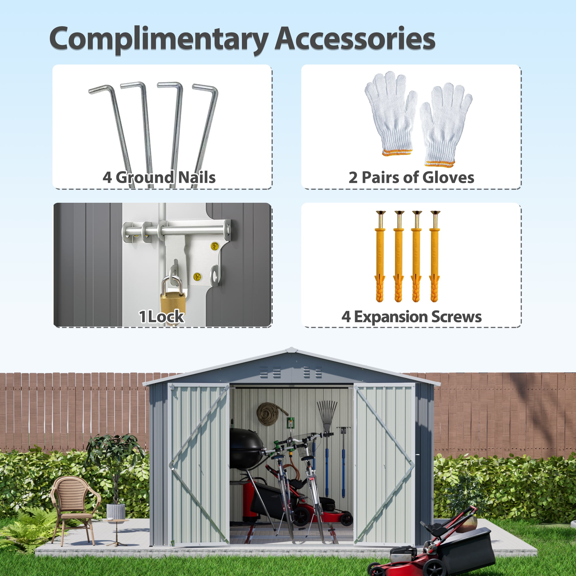 10x10 Ft Outdoor Storage Shed with Floor Frame, Metal Garden Tool Shed with Lockable Doors, Ideal for Backyard Garden Patio Lawn, Grey