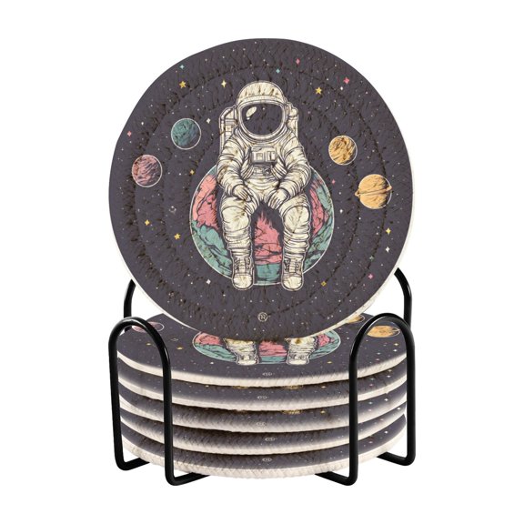 Yayeee 6 PCS Drink Coasters with Holder Set Woven Absorbent Round Tabletop Hot Pad, Pink Astronaut Planet