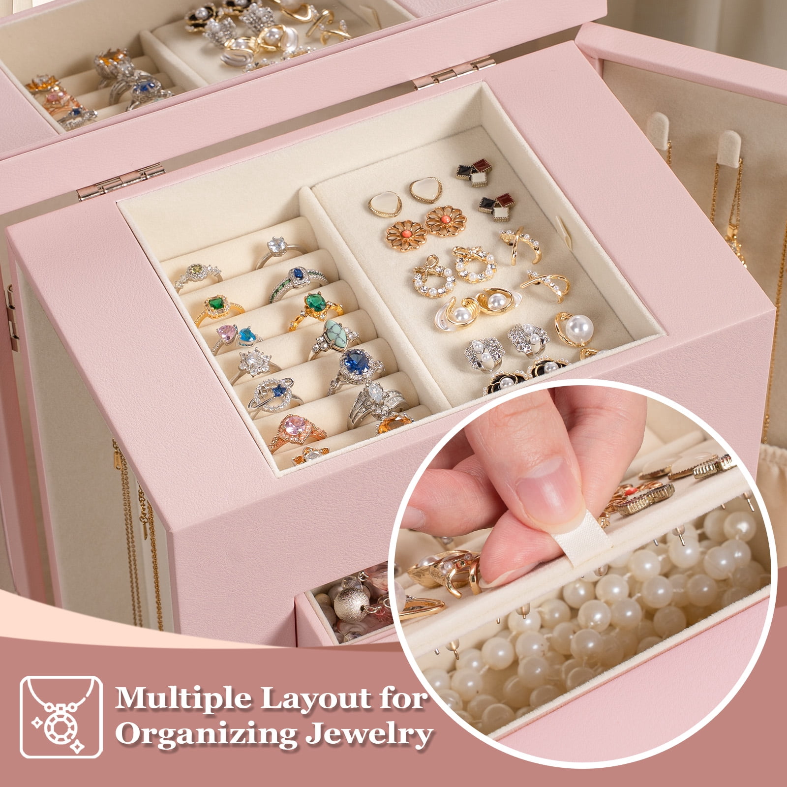 Leather Jewelry Box for Women, 5 Layer Large  Jewelry Organizers Box for Necklaces Earrings Rings Bracelets, Organizer with Drawers and Mirror, Pink