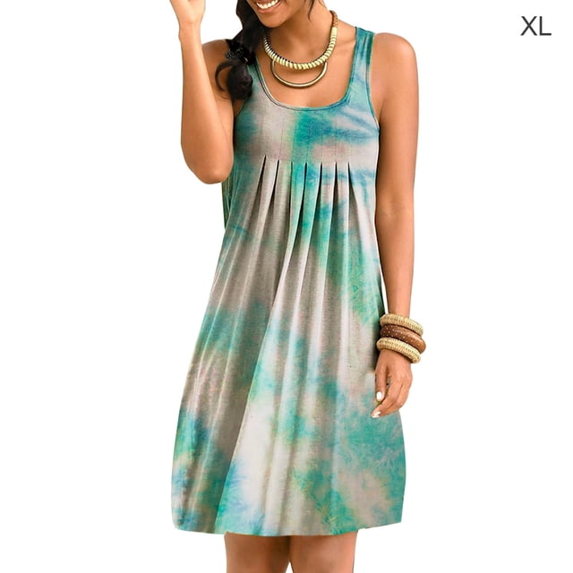 Vestido corto Vestido plisado sin mangas con estampado Tie-Dye, Azul, XL Sweethay AP002087-04
