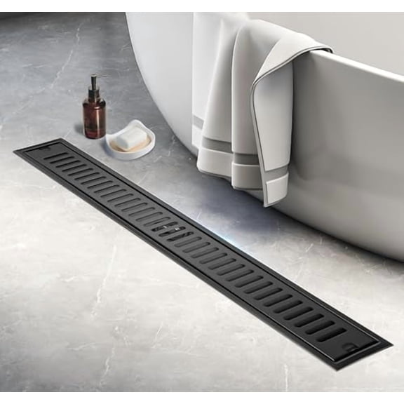 24 Inch Linear Shower Drain, Stainless Steel Bathroom Floor Drain with Dual Filters, Quick Drainage, Long Shower Drain Fits 50-75mm Pipes for Tile/Marble Showers