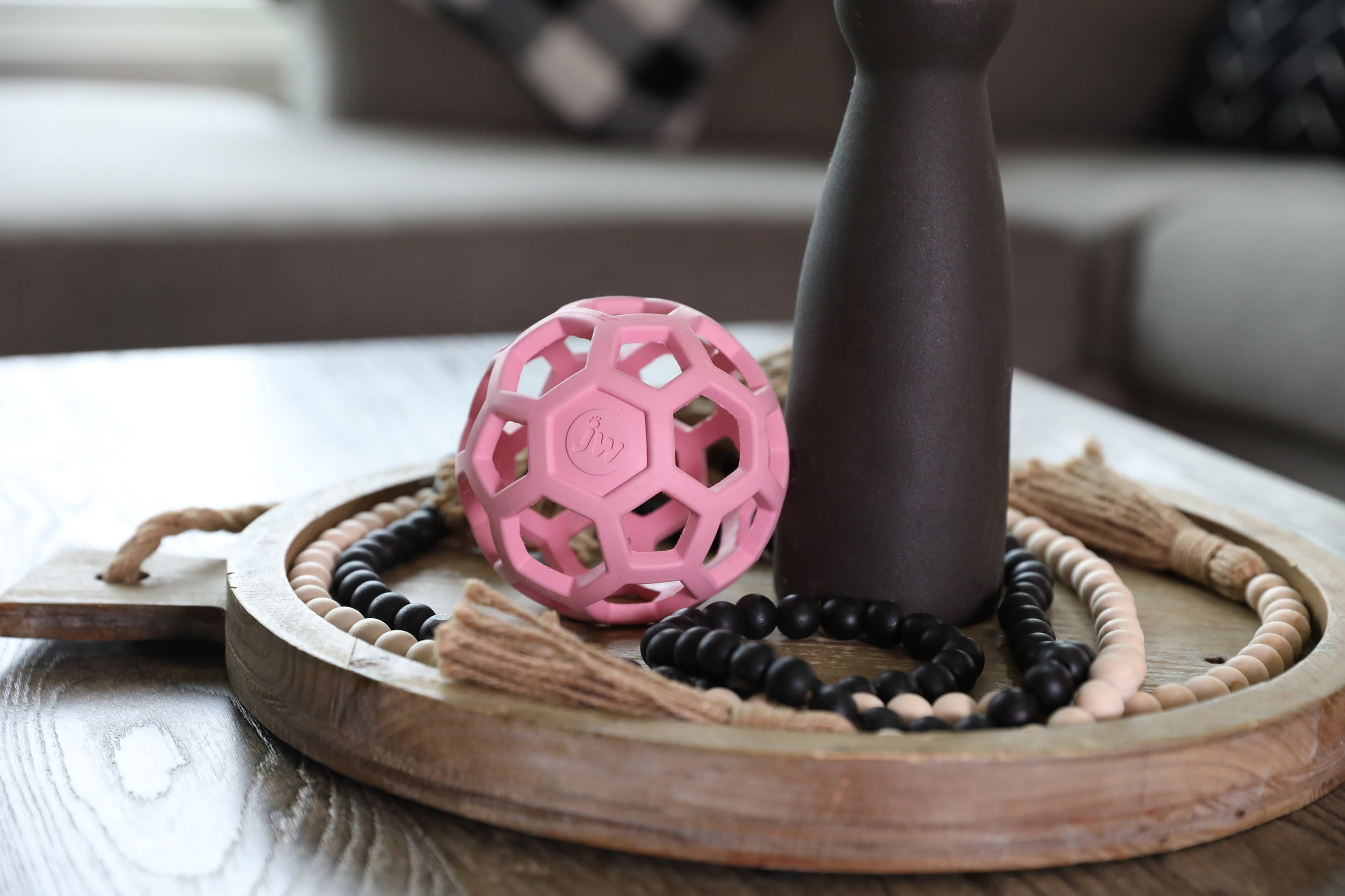JW HOL-ee Roller™ Tug and Fetch Treat Dispenser Puzzle Ball Dog Toy, Natural Rubber, Medium 4.5" for Dogs 20 to 60 lb, Pink, Pack of 1