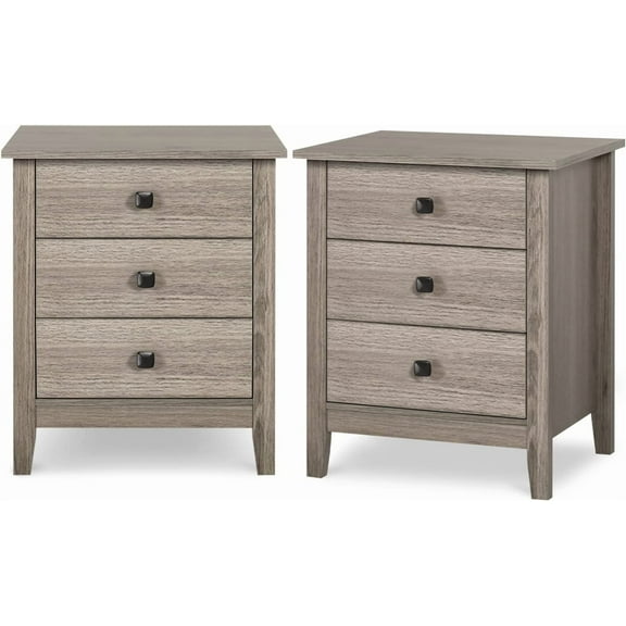 Vikiullf Nightstands - Set of 2 Wooden Night Stand, Bedside Table With Drawers, Farmhouse Style Bedroom Furniture (Grey Wood Grain, 3-Drawer)