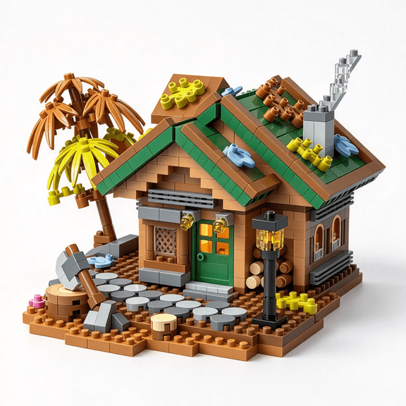 ASTEM Enchanted-Forest-Log-Cabin Micro Building Blocks Set with Stone Chimney & Palm Trees, Compatible with Lego-House, Lights Not Included, 781Pcs