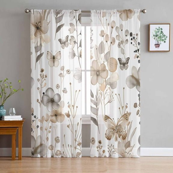 Brown Grey Floral Spring Sheer Curtains 96 Inches Long 2 Panels Set, Window Sheer Curtains for Living Room/Bedroom, Watercolor Botanical Butterfly Light Filtering Rod Pocket Curtain 52'' x 96'' x 2