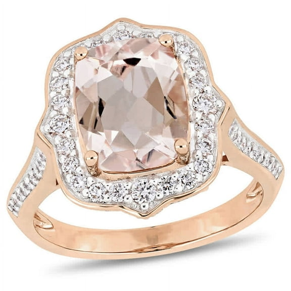 AMOUR Cushion-cut Morganite and 5/8 CT TW Diamond Halo Engagement Ring In 14K Rose Gold