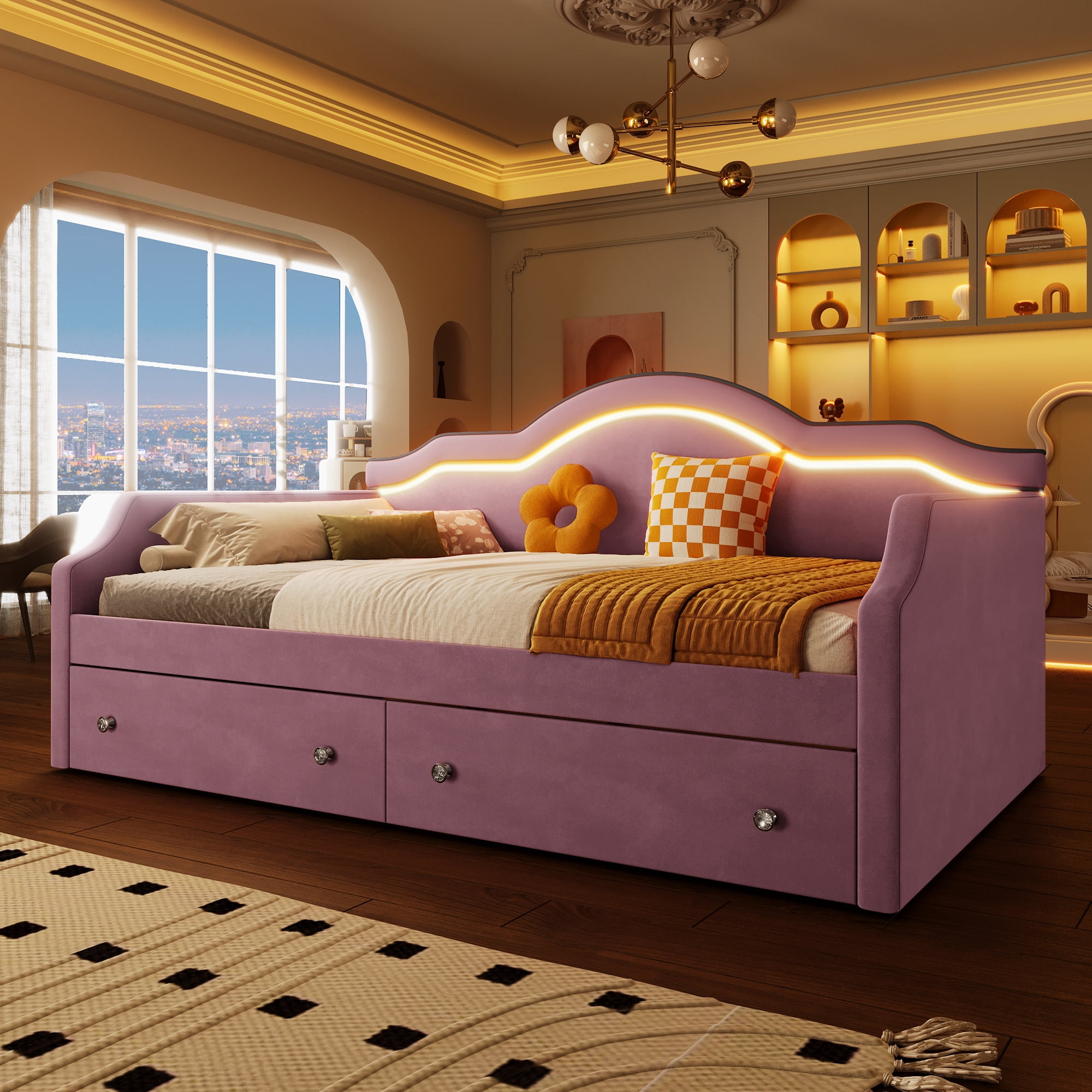 Euroco Upholstered Twin Size Daybed with LED Light and 2 Drawers, Pink