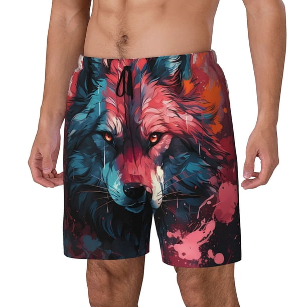 Fotbe Red Flame Wolf Head Traje de Baño para Hombre – Shorts de Natación de Secado Rápido con Forro y Bolsillos-X-Large