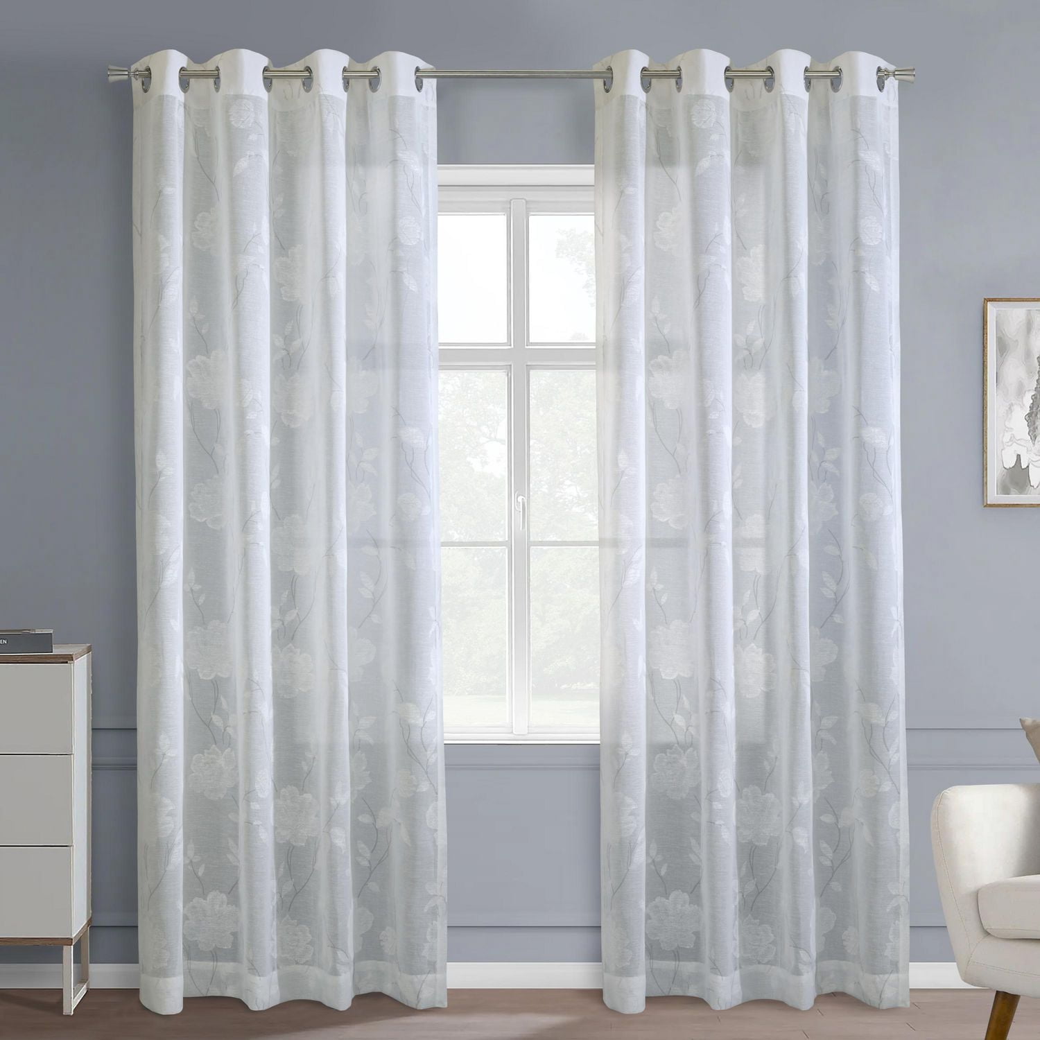 Loft Living Greeley Faux Linen Printed Branches Grommet Single Curtain Panel Semi-sheer 52" x 95" in White