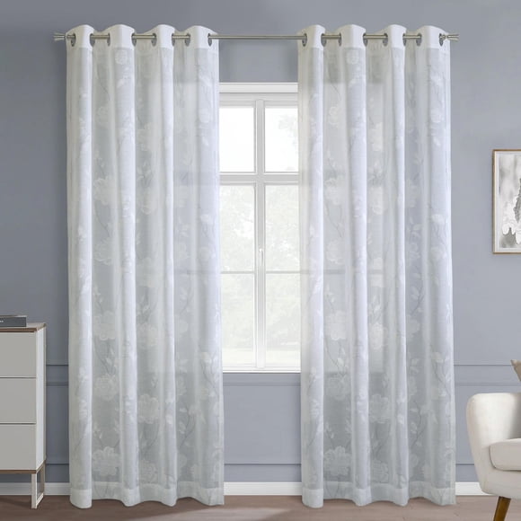 Loft Living Greeley Faux Linen Printed Branches Grommet Single Curtain Panel Semi-sheer 52" x 84" in White