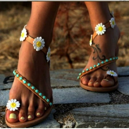 

LnjYIGJ Women s Sandals Summer New Style Casual Fashion Flower Women s Slip-on Roman Flat Sandals