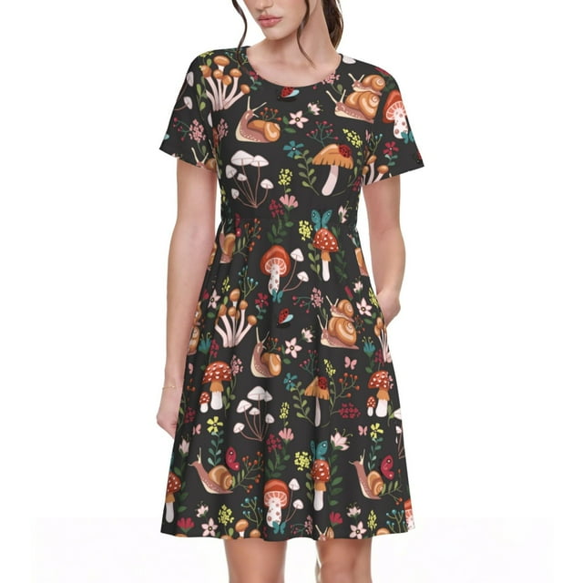 Bixox Robe d'Été à Manches Courtes pour Femmes Robe Ample Longueur Genou avec Poches-Champignon Escargot