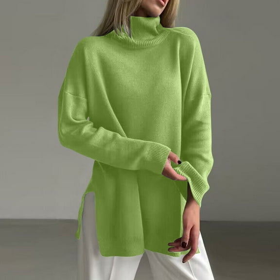 Qetyuw Turtleneck Oversized Sweaters for Women Drop Shoulder Long Sleeve Jumpers Split Hem Casual Chunky Sweater