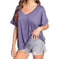 thumbnail image 6 of Summer Rolled Short Sleeve Women V-neck Solid Color Casual Loose T-shirt Tops, 6 of 7