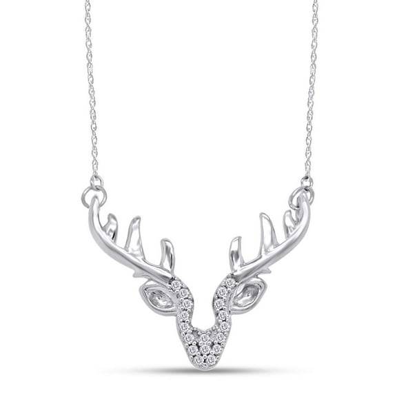 AFFY Round White Natural Diamond Accent Deer Antler Pendant in 14K White Gold Over Sterling Silver, With 18" Chain