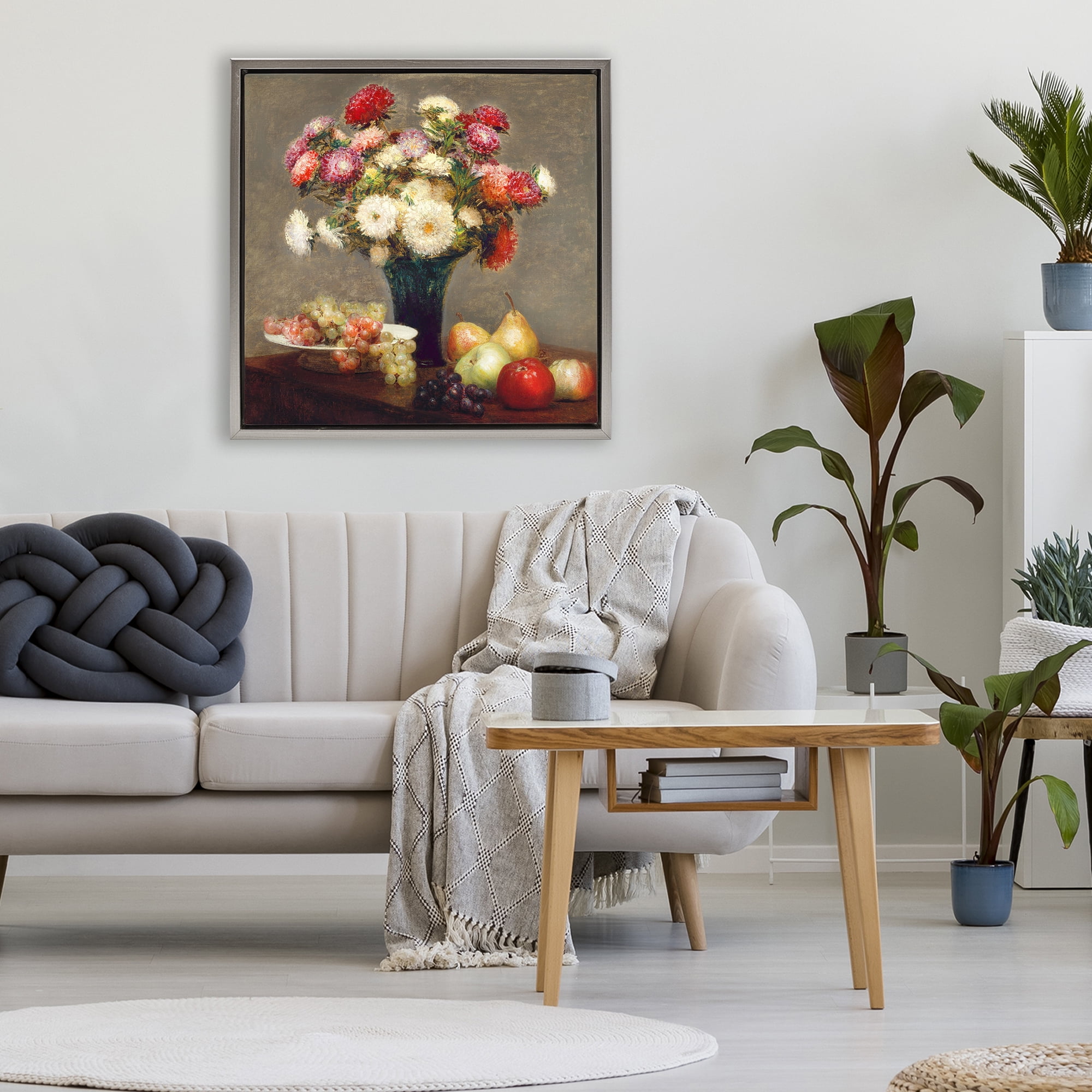 Stupell Industries Fruit & Asters Still Life Gray Framed Floater Canvas Wall Art, design by CAD Designs