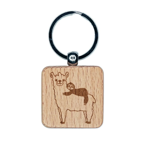 Llama and Sloth Best Friends Alpaca Square Keychain Charm Tag - Engraved Wood