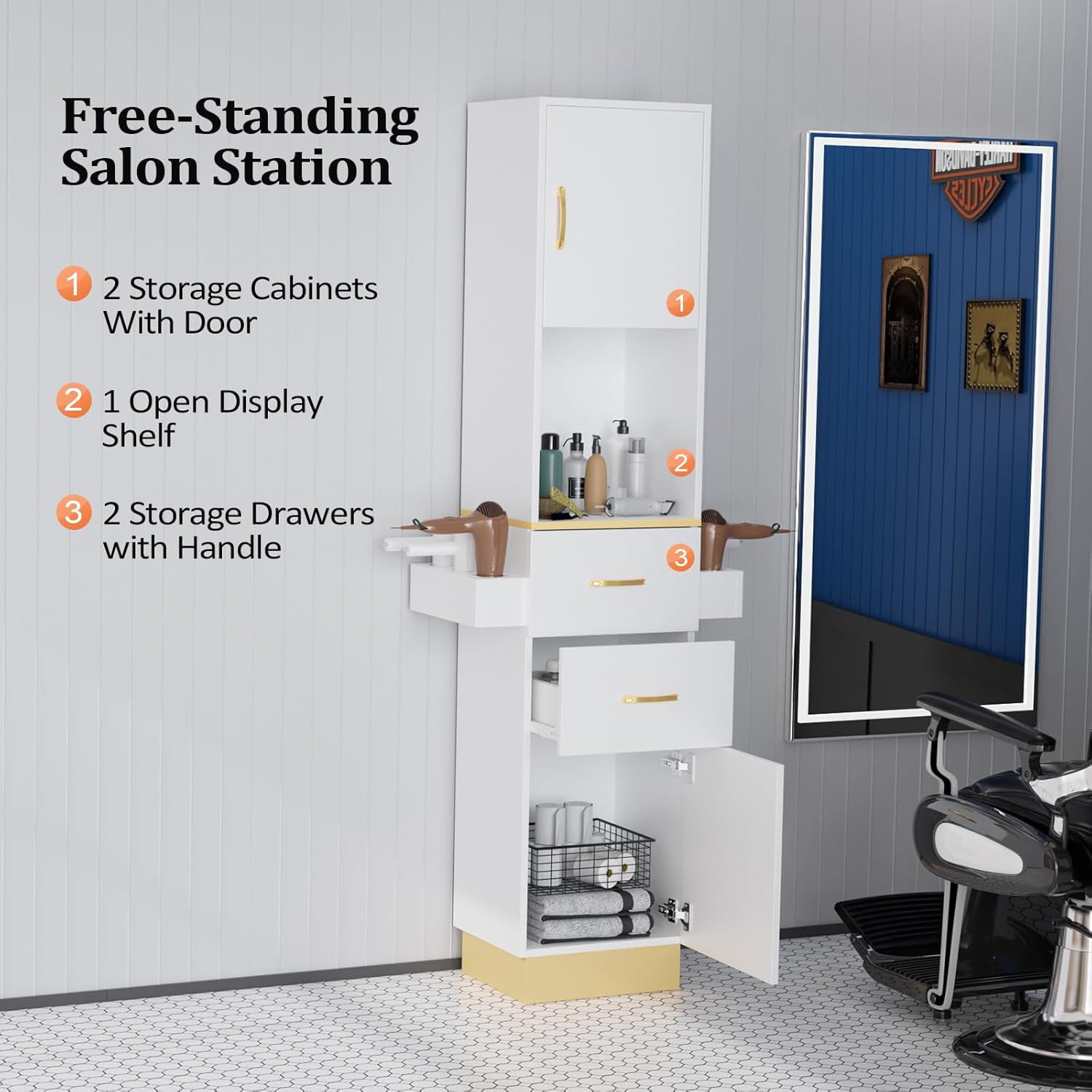 Katxon Salon Storage Station with 2 Storage Cabinet, 2 Drawers, White