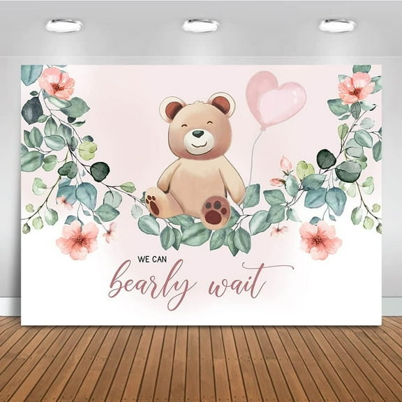 Girl Bear Baby Shower Backdrop We Can Bearly Wait Background Watercolor Floral Leaves Bear Baby Shower Party Cake Table Decoration Photo Booth Props (7x5ft)