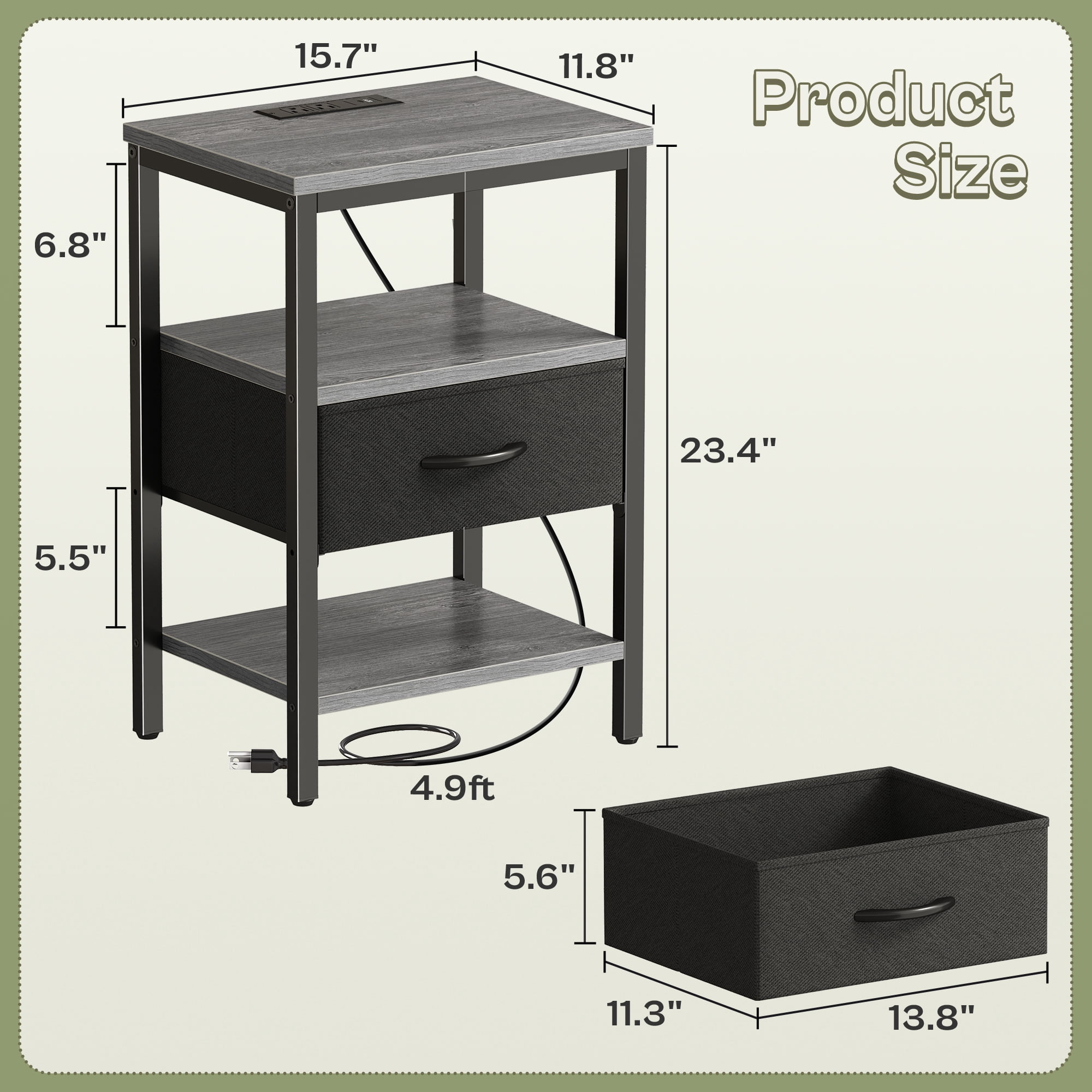 Nightstand with Charging Station, Adjustable Fabric Drawer, 3-Tier Bed Side Table, Night Stand for Bedroom, Storage End Table,Charcoal Gray