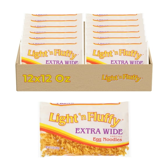 Light 'n Fluffy Extra Wide Egg Noodle Pasta, 12-Pack (12 oz Each) – Thick, Hearty Noodles for Stroganoff, Casseroles & Soups