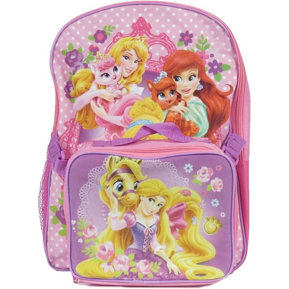 Sac à Dos Princesses 16 Pouces Rose à Pois avec Boîte à Lunch Détachable pour Enfants