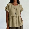 thumbnail image 2 of ClodeEU Women's Round Neck Ruffle Short Sleeve Babydoll Blouse,Casual Loose Peplum Summer Tunic Top Khaki,Women's Plus L, 2 of 7