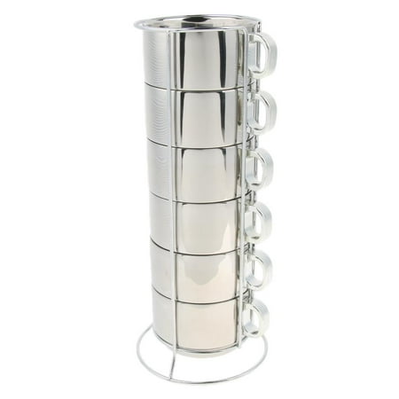 

6 Pieces Coffee Cups Set with Metal Rack Holder Stackable Water Mug Glasses Insulated with Camping Hiking Use A