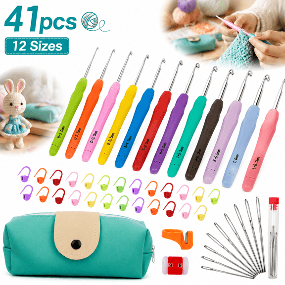 Sherry Crochet Hooks 12 Sizes Crochet Hook Set, 41 Pack Yarn Crochet Kit for Beginners, Knitting Needles with Ergonomic Handles for Arthritic Hands, Crochet Needle Kit with Blue Case for Crocheters