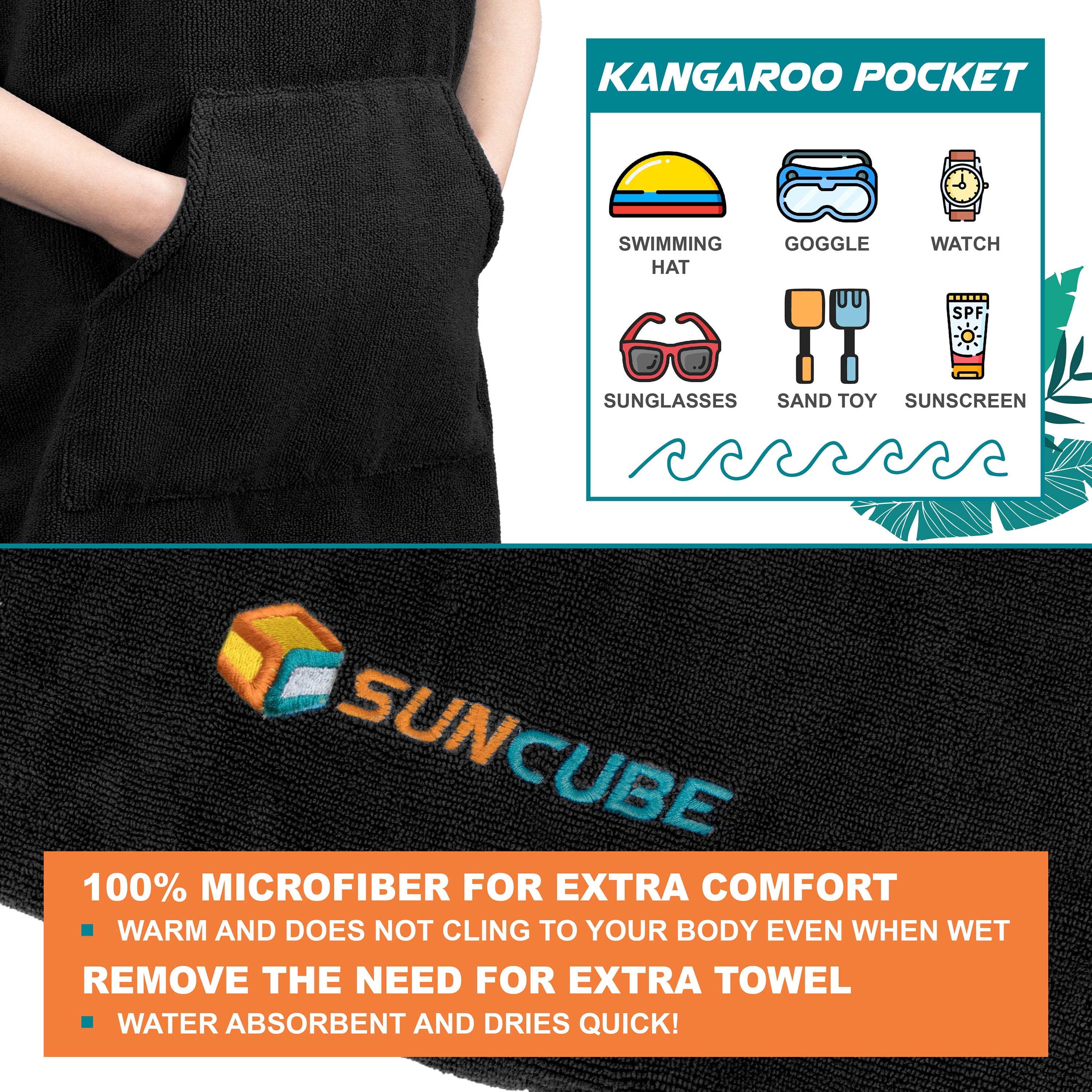 SUN CUBE Kids Changing Robe Surf Poncho, Kids Beach Towels, Hooded Towel For Toddler Bath Pool, Microfiber Quick Dry Wearable Towel Poncho with Hood, Swim Towel for Boys Girls 3-7 Years, Black