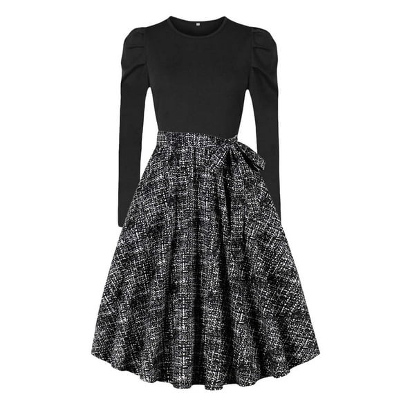 Pisexur Womens Cocktail Dresses Long Sleeve Vintage 1950s Dress Round Neck Evening Prom Dress Fashion Floral Tea Party Dress Elegant A Line Midi Dresses with Belt