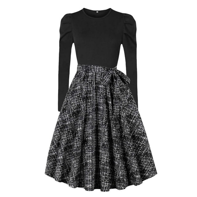 Pisexur Robes de Cocktail pour Femmes à Manches Longues Robe Vintage des Années 1950 Robe à Col Rond Robe de Soirée de Bal Robe de Mode Florale Robe pour Thé Élégante Robe Midi Évasée avec Ceinture