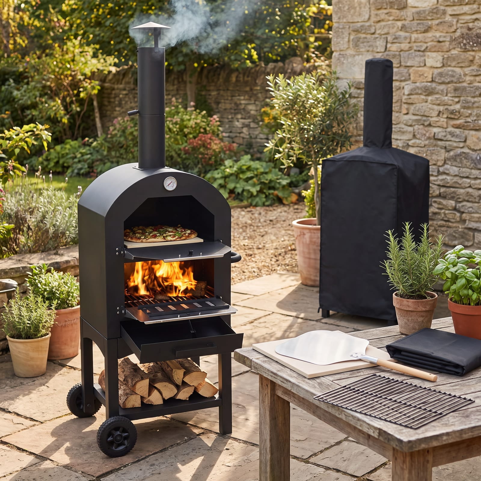 Biotree Portable Outdoor Pizza Oven with Pizza Stone and Waterproof Cover for Backyard Cooking, Black