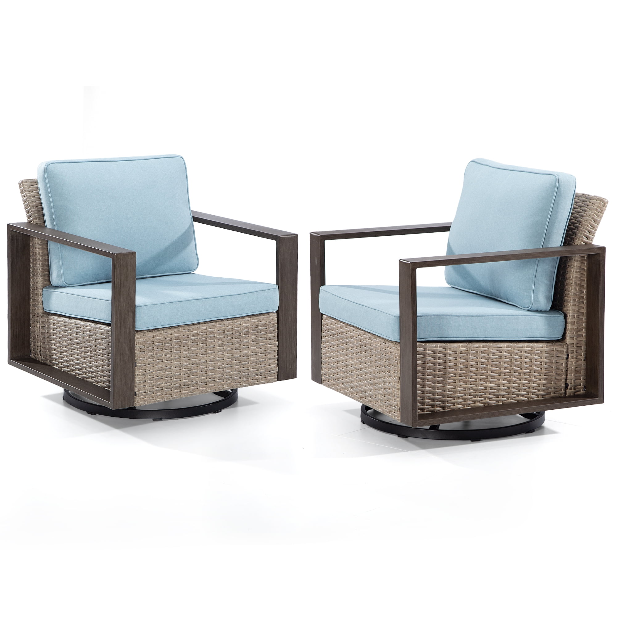 MeetLeisure Outdoor Swivel Patio Metal Chairs Set of 2, 360 Degree Glider Rocker Rattan Chairs with Washable Cushion & Steel Rectangular Armrest for Porch, Sky Blue