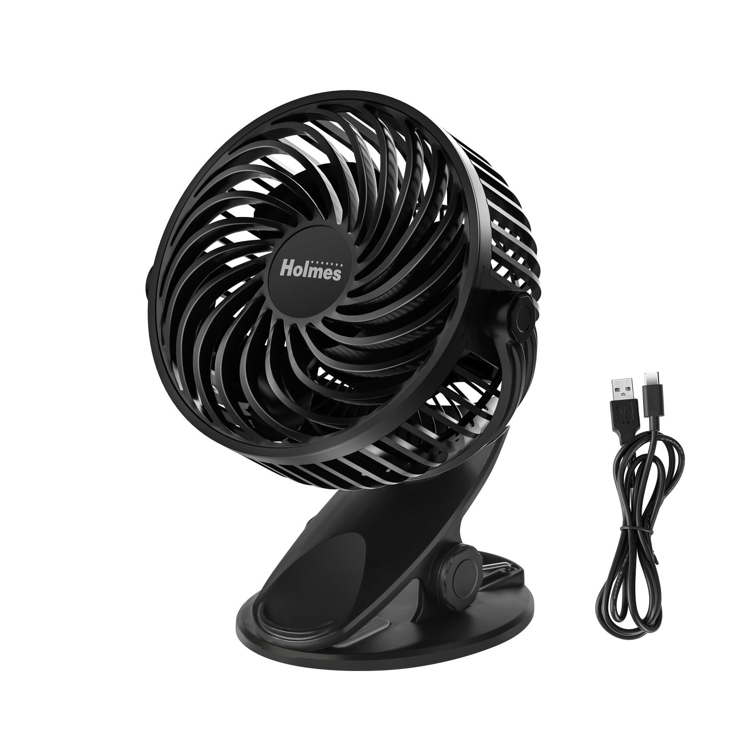 Holmes 4” Rechargeable Clip Fan, 360° Tilt, Strong Airflow, USB, Long Battery, Black