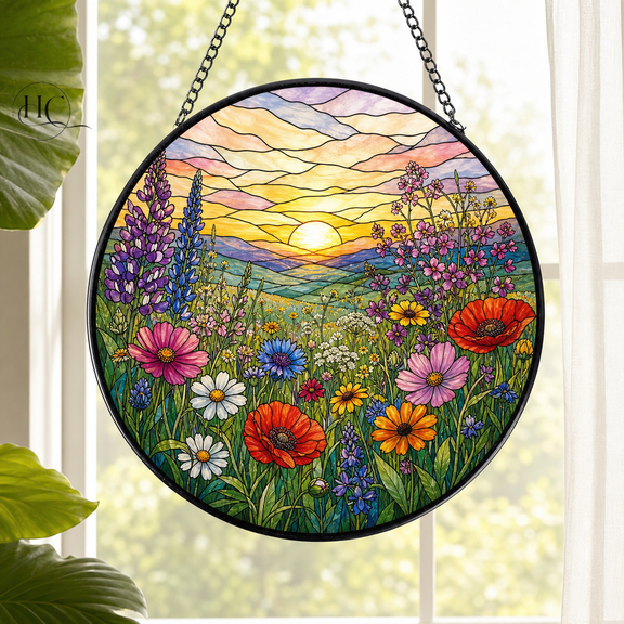 Glass Suncatcher Wildflower Meadow Stained Glass Window Hanging for Nature Lovers