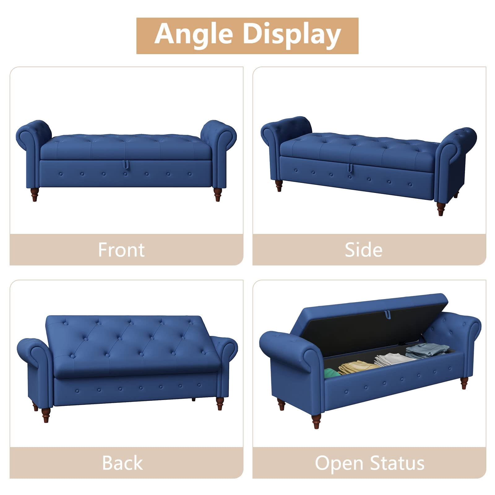Tmsan 63" Modern Storage Ottoman Bench,Bedroom End of Bed Upholstered Benches,for Living Room, Entryway, Blue (Polyester)