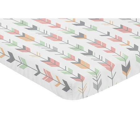 UPC: 0846480053651 | Sweet Jojo Designs Coral Grey and Mint Mod Arrow Collection Fitted Mini Portable Crib Sheet