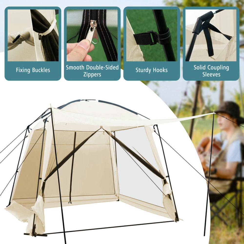 Barara King Outdoor Tent,Portable Camping Shelters,10 x 10 Feet Screened Canopy Tent w/ Vestibule and Zippered Door-Beige